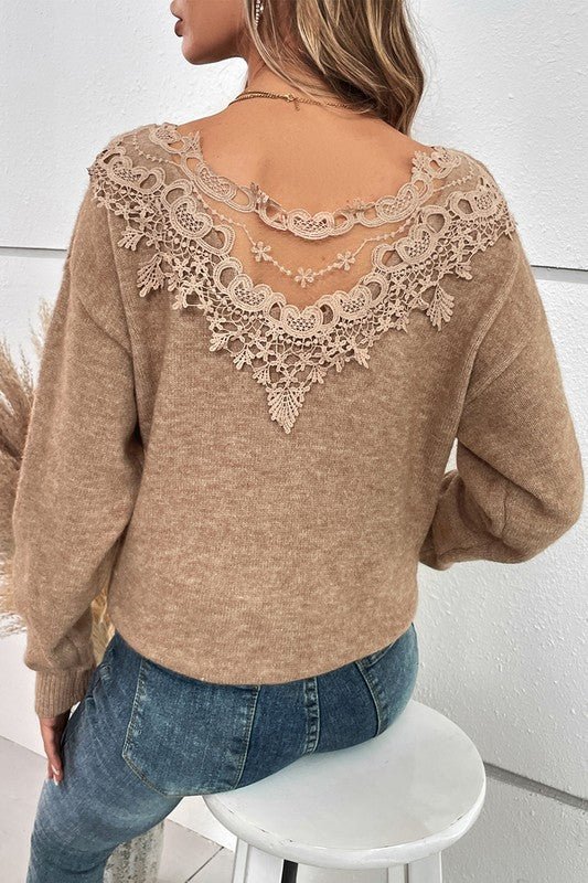 Knit Color Block Low Back Lace Loose Fit Sweater - Arrowhead Boutique