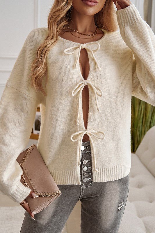 Knit Tied Round Neck Dropped Shoulder Cardigan - Arrowhead Boutique