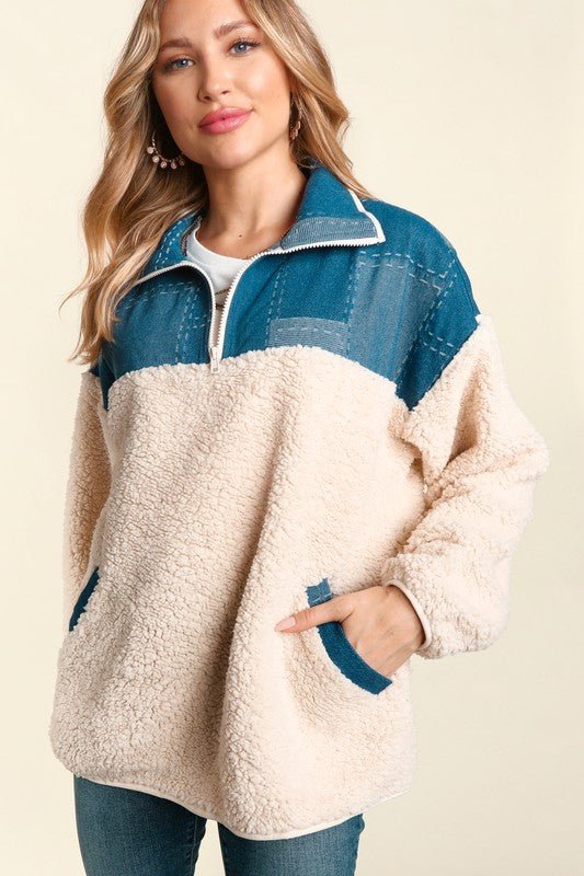 Sherpa Denim Pullover - Arrowhead Boutique