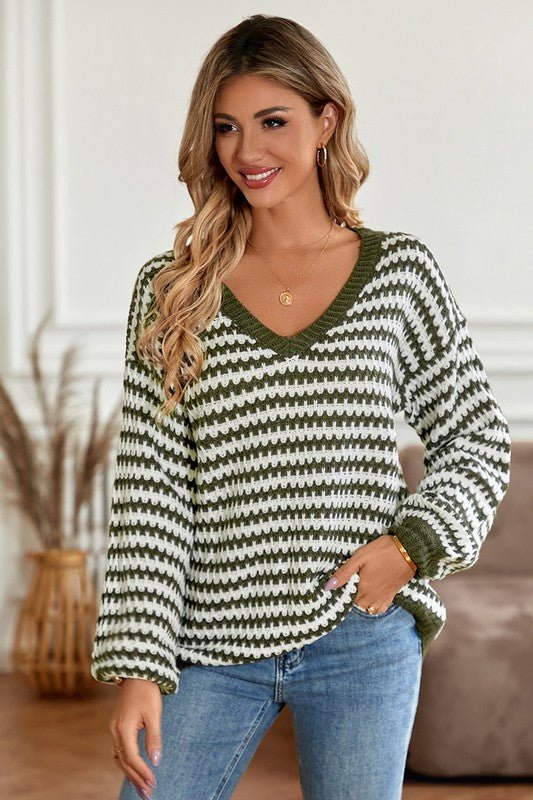 Striped V Neck Sweater - Arrowhead Boutique