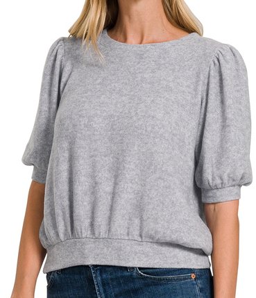 Grey Puff Sleeve Lightweight Sweater - Arrowhead Boutique